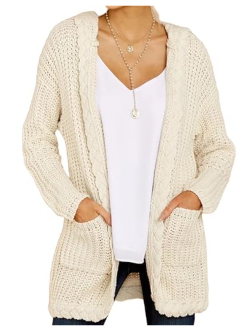 Cable Knit Long Cardigan Hooded Open Front Sweater with Pockets